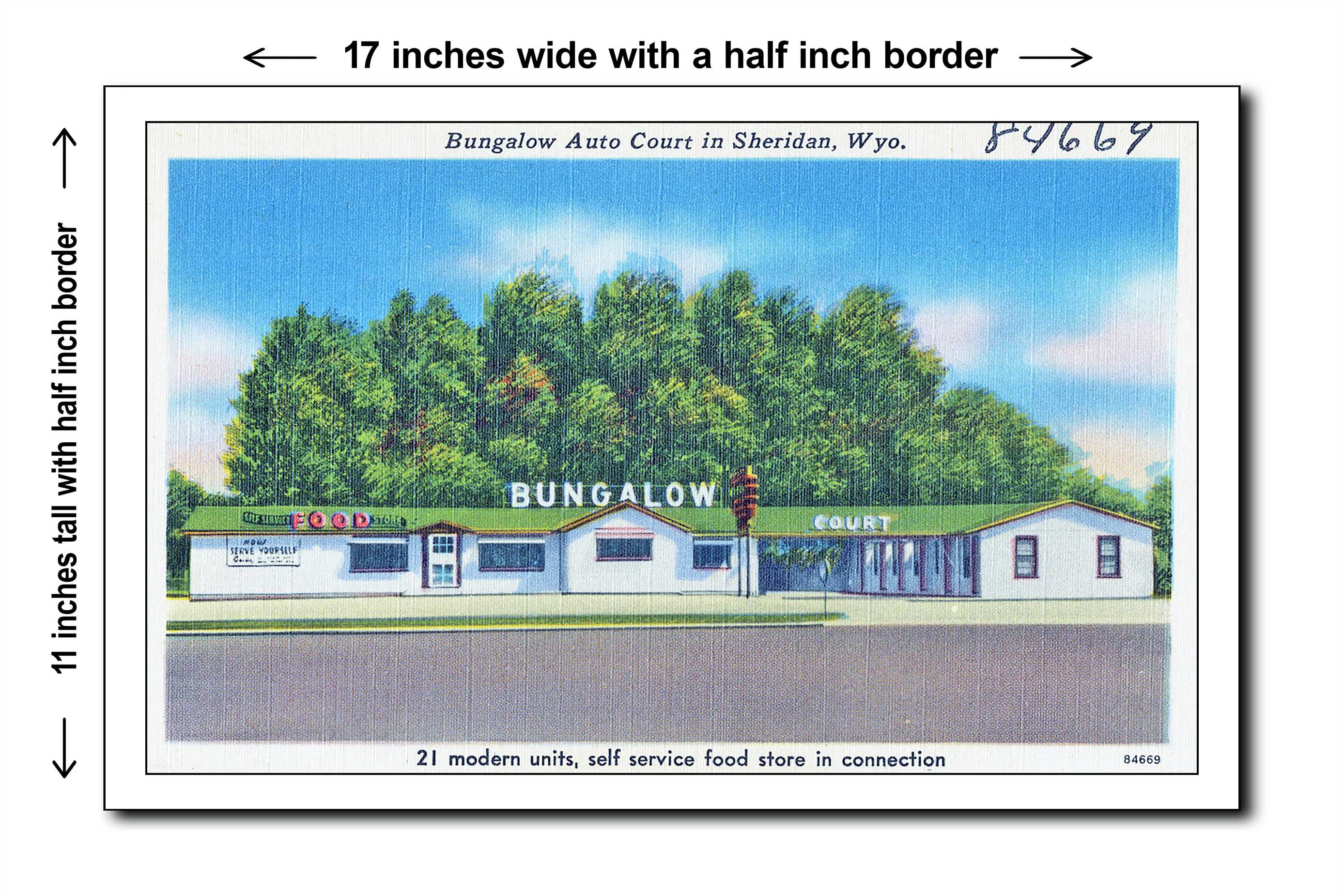 Wyoming 1940s Postcard Art Print - Bungalow Auto Court in Sheridan, Wyo. - 11x17